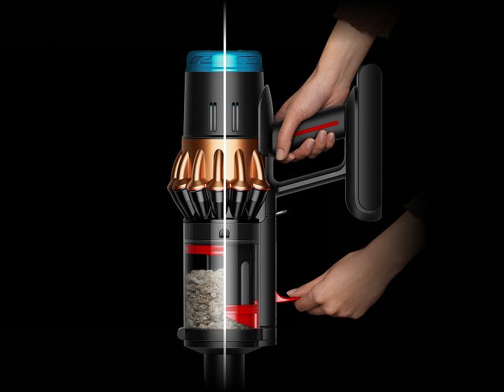 The Dyson CleanCompaktor bin compresses dust for a bigger bin capacity.