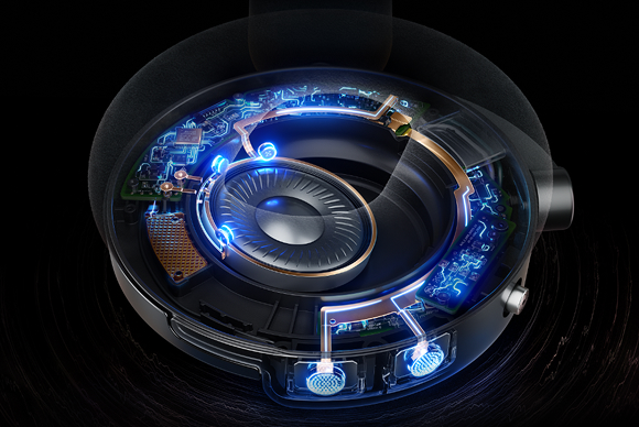 A cutaway shows the inner workings of a Dyson OnTrac ear cup.