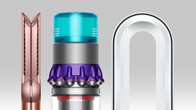 A selection of Dyson machines, including air purifiers, cordless vacuums and hair styling devices.