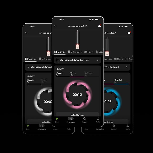 The i.d. curl personalised curling sequence in the MyDyson app as seen on a trio of phones.