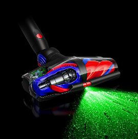 The All Floor Cones™ Sense cleaner head illuminates dust on hard floors.