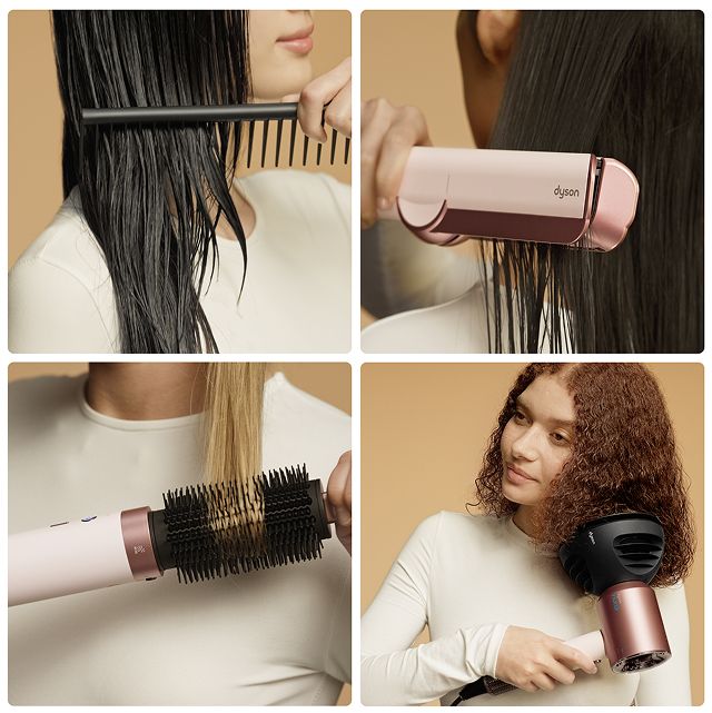 Grid of models styling their hair with Dyson hair care devices.