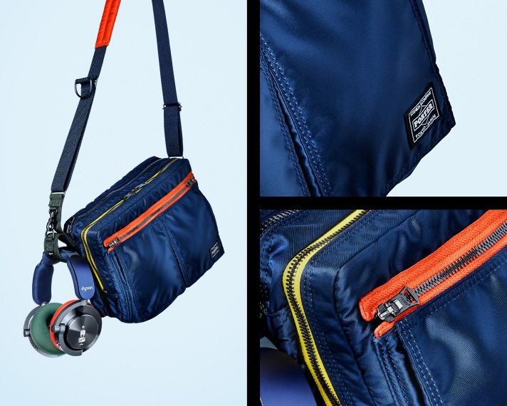 A montage of three shots showing the Dyson OnTrac | PORTER limited edition headphones and the custom PORTER shoulder bag.
