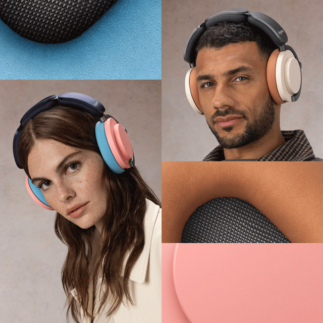 Two models wear the OnTrac headphones in different colours, while images of the caps and cushions close-up flash behind them.