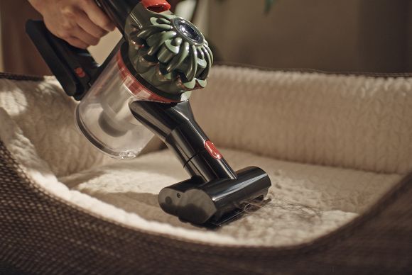 The Dyson V8 Cyclone vacuum is used with the Mini motorised tool to clean a pet bed.