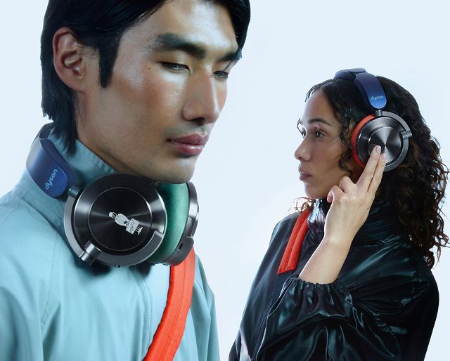 A model wears the Dyson OnTrac headphones with the PORTER emblem etched on the right cap.