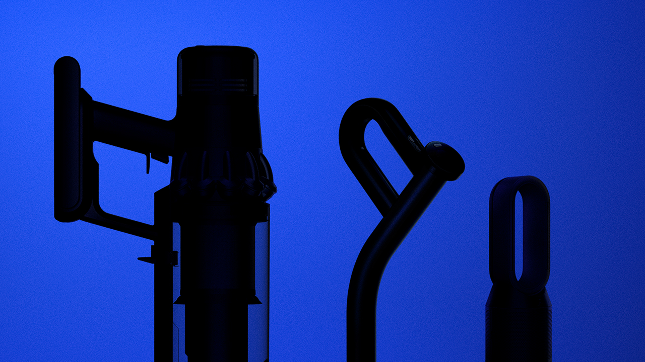 Silhouetted Dyson vacuum products against a blue background.