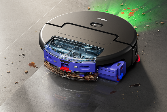 The Dyson Spot+Scrub Ai robot vacuum cleans spills and stains from a tiled floor.