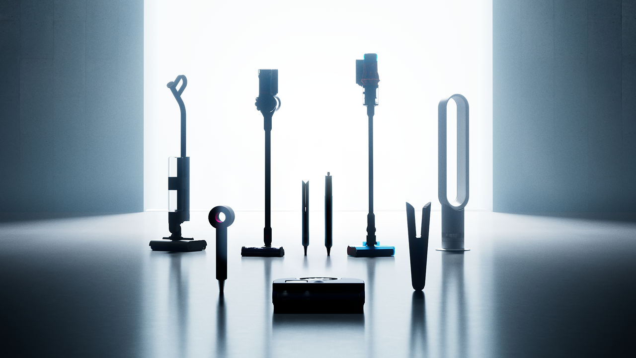 A wide selection of Dyson technology silhouetted by a bright light from behind.