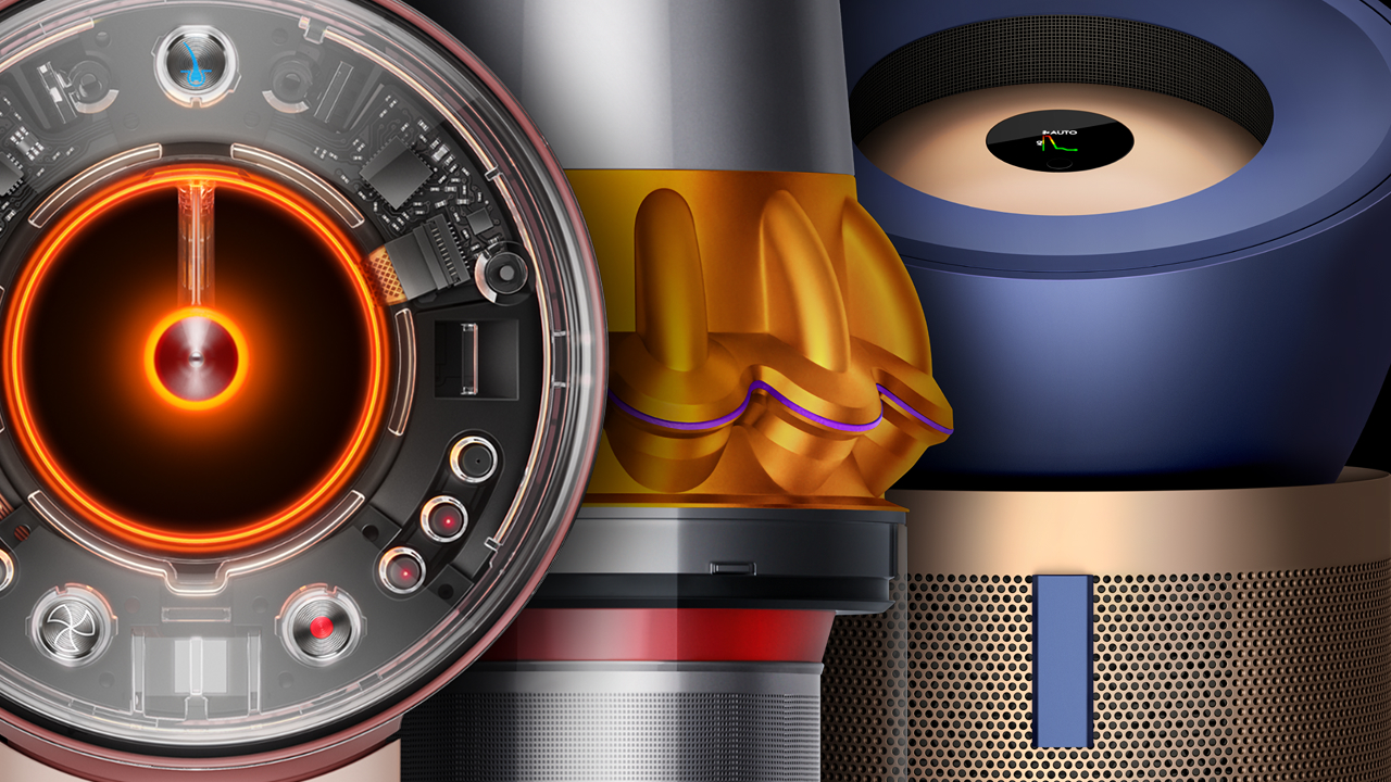A selection of Dyson machines, including air purifiers, cordless vacuums and hair styling devices.