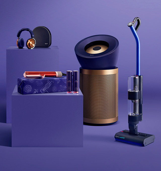A display of Dyson technology in Prussian blue and rich copper
