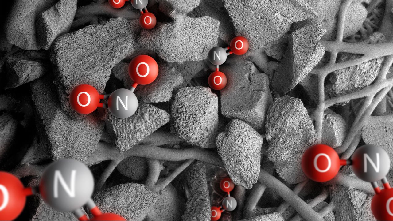 A computer generated image of NO₂ molecules trapped in the K-Carbon filter.